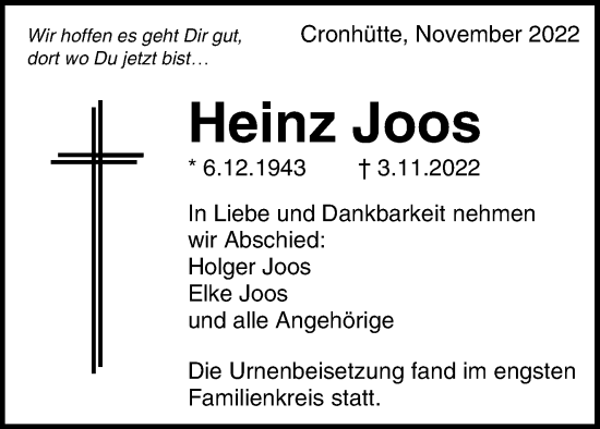 Traueranzeige von Heinz Joos von Waiblinger Kreiszeitung
