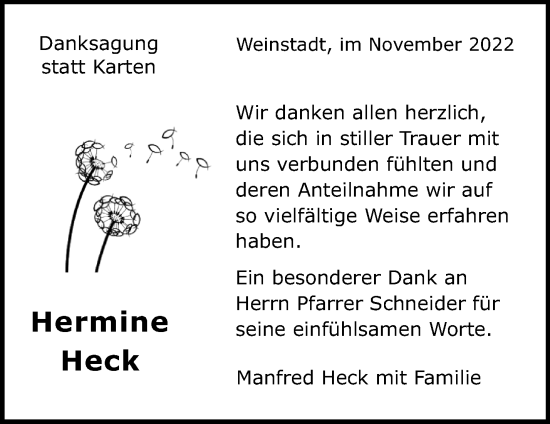 Traueranzeige von Hermine Heck von Waiblinger Kreiszeitung