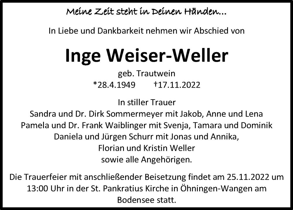  Traueranzeige für Inge Weiser-Weller vom 22.11.2022 aus Waiblinger Kreiszeitung