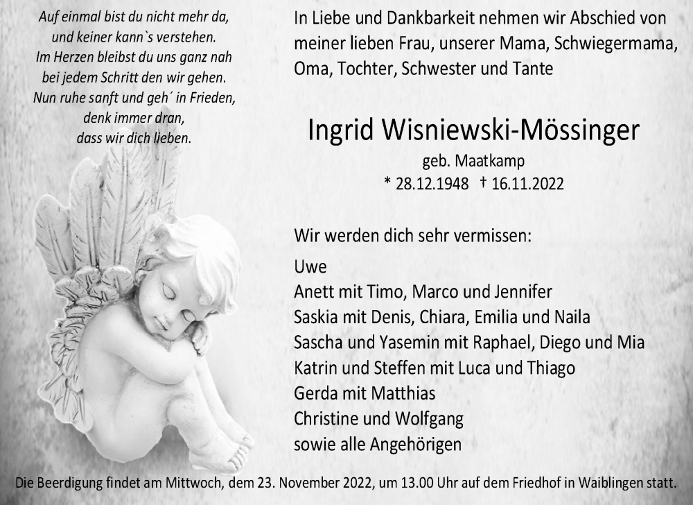  Traueranzeige für Ingrid Wisniewski-Mössinger vom 19.11.2022 aus Waiblinger Kreiszeitung