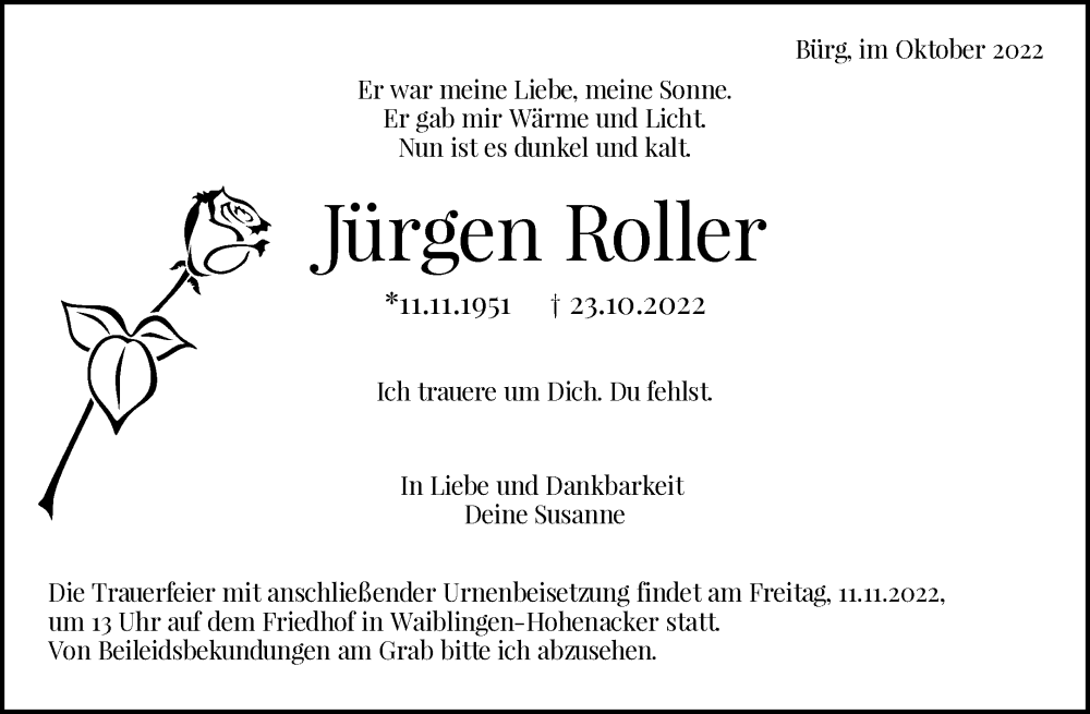  Traueranzeige für Jürgen Roller vom 04.11.2022 aus Waiblinger Kreiszeitung
