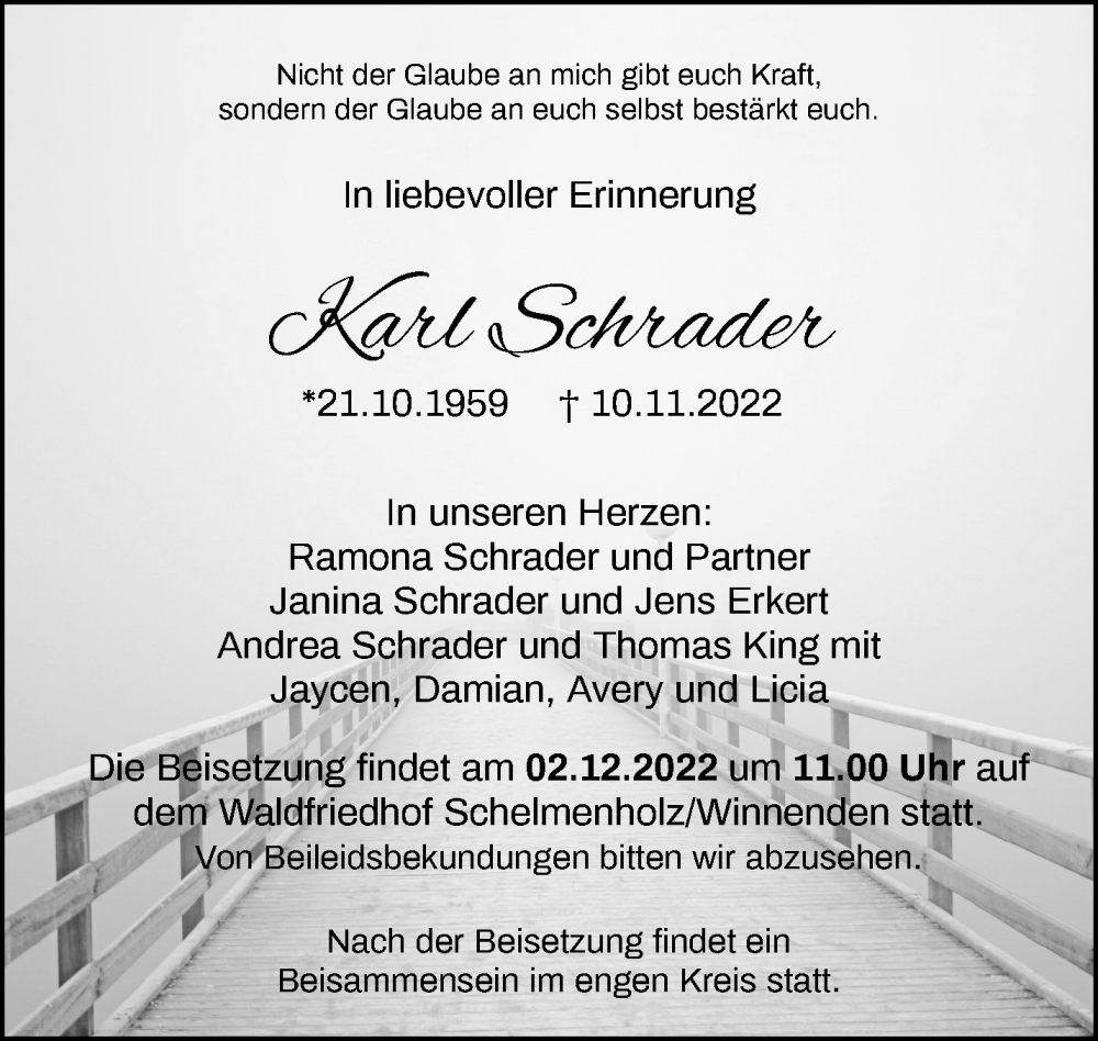  Traueranzeige für Karl Schrader vom 26.11.2022 aus Waiblinger Kreiszeitung