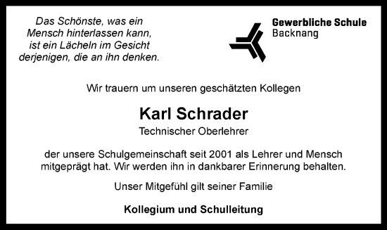 Traueranzeige von Karl Schrader von Waiblinger Kreiszeitung