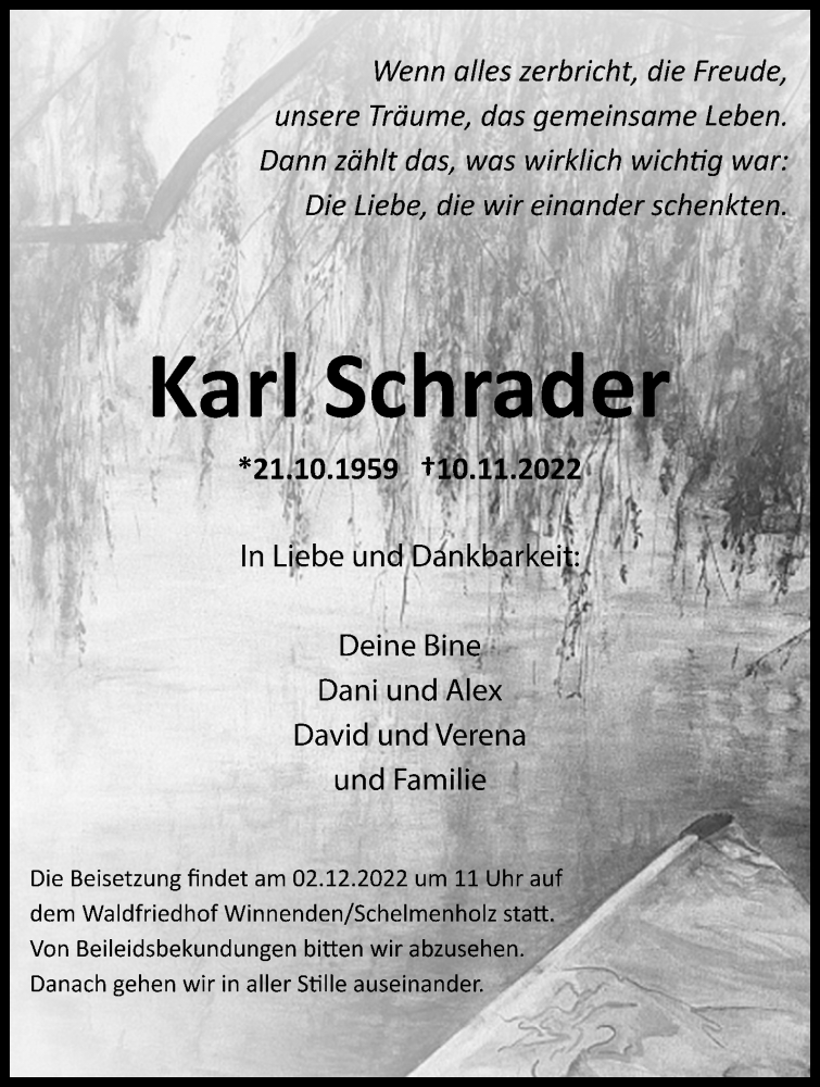  Traueranzeige für Karl Schrader vom 26.11.2022 aus Waiblinger Kreiszeitung