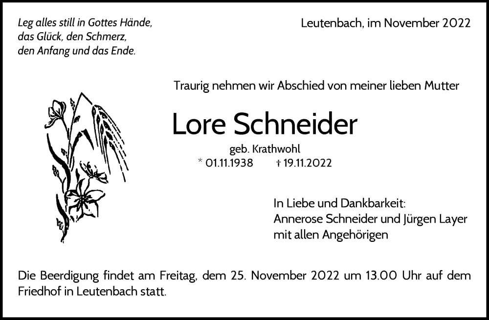 Traueranzeige für Lore Schneider vom 23.11.2022 aus Waiblinger Kreiszeitung