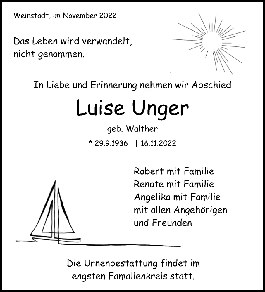 Traueranzeige für Luise Unger vom 19.11.2022 aus Waiblinger Kreiszeitung