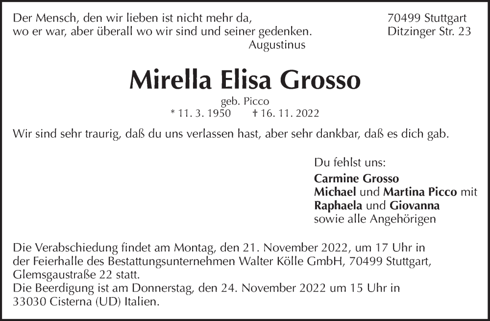 Traueranzeige für Mirella Elisa Grosso vom 19.11.2022 aus Waiblinger Kreiszeitung