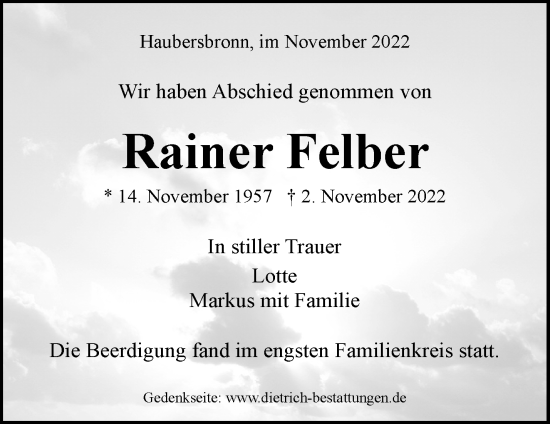 Traueranzeige von Rainer Felber von Waiblinger Kreiszeitung