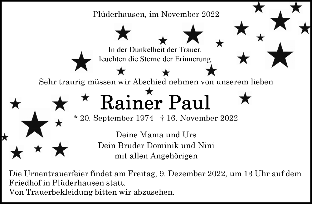  Traueranzeige für Rainer Paul vom 23.11.2022 aus Waiblinger Kreiszeitung