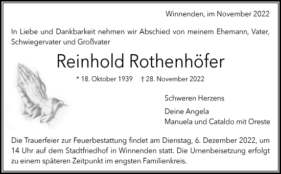 Traueranzeige von Reinhold Rothenhöfer von Waiblinger Kreiszeitung