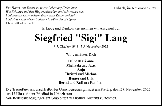 Traueranzeige von Siegfried Lang von Waiblinger Kreiszeitung
