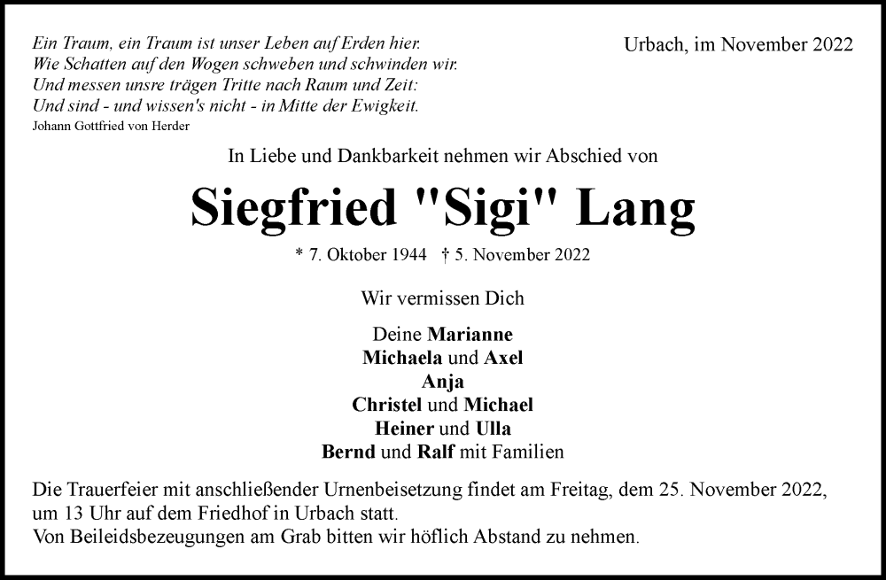  Traueranzeige für Siegfried Lang vom 21.11.2022 aus Waiblinger Kreiszeitung