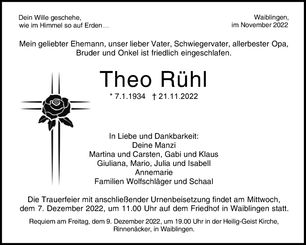  Traueranzeige für Theo Rühl vom 30.11.2022 aus Waiblinger Kreiszeitung