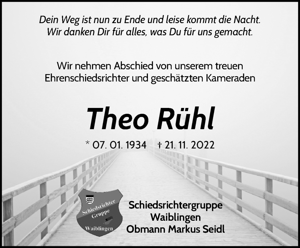  Traueranzeige für Theo Rühl vom 30.11.2022 aus Waiblinger Kreiszeitung