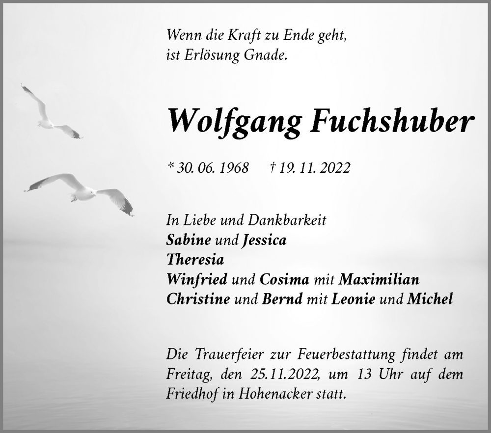  Traueranzeige für Wolfgang Fuchshuber vom 23.11.2022 aus Waiblinger Kreiszeitung