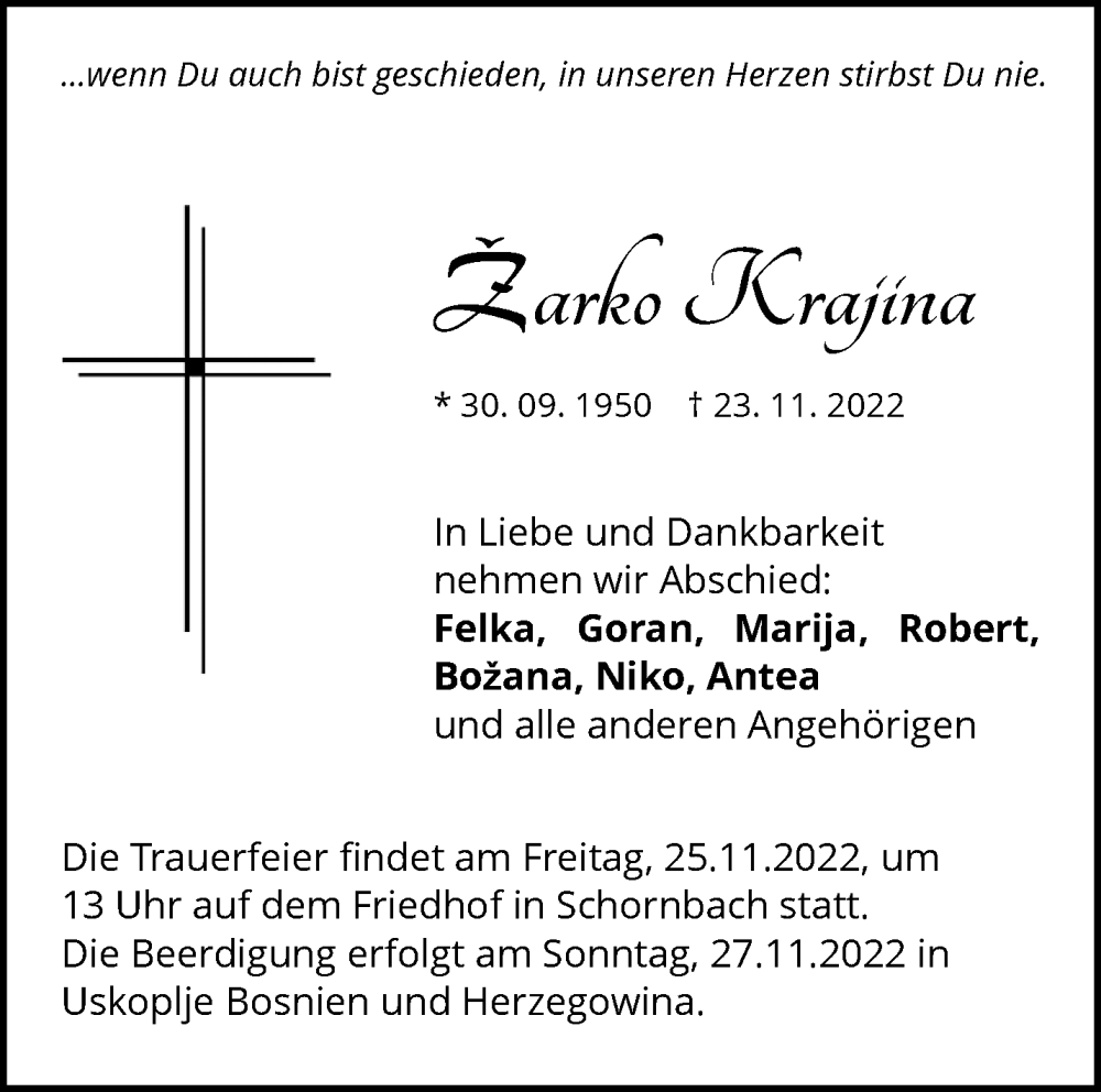  Traueranzeige für Zarko Krajina vom 25.11.2022 aus Waiblinger Kreiszeitung