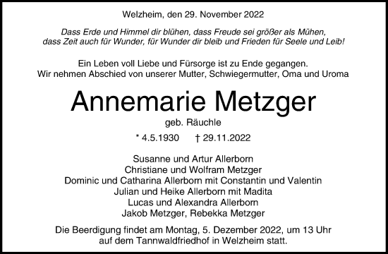 Traueranzeige von Annemarie Metzger von Waiblinger Kreiszeitung
