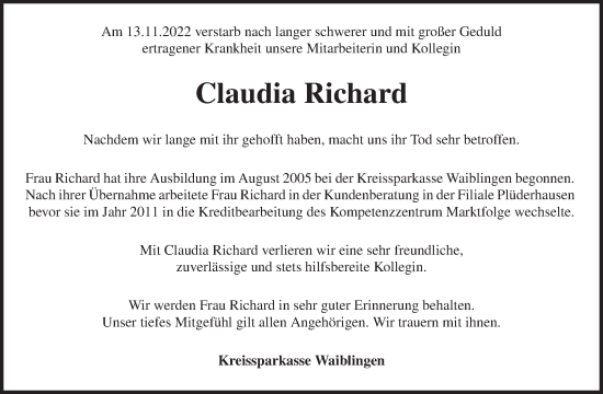Traueranzeige von Claudia Richard von Waiblinger Kreiszeitung