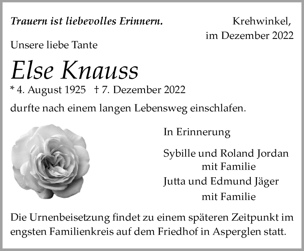  Traueranzeige für Else Knauss vom 12.12.2022 aus Waiblinger Kreiszeitung