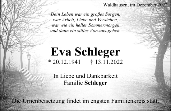 Traueranzeige von Eva Schleger von Waiblinger Kreiszeitung