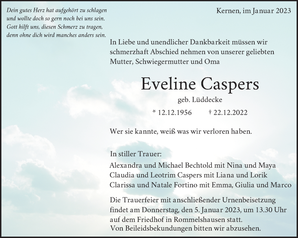  Traueranzeige für Eveline Caspers vom 31.12.2022 aus Waiblinger Kreiszeitung