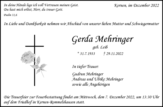 Traueranzeige von Gerda Mehringer von Waiblinger Kreiszeitung