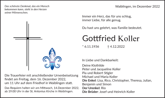 Traueranzeige von Gottfried Koller von Waiblinger Kreiszeitung