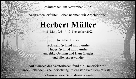 Traueranzeige von Herbert Müller von Waiblinger Kreiszeitung