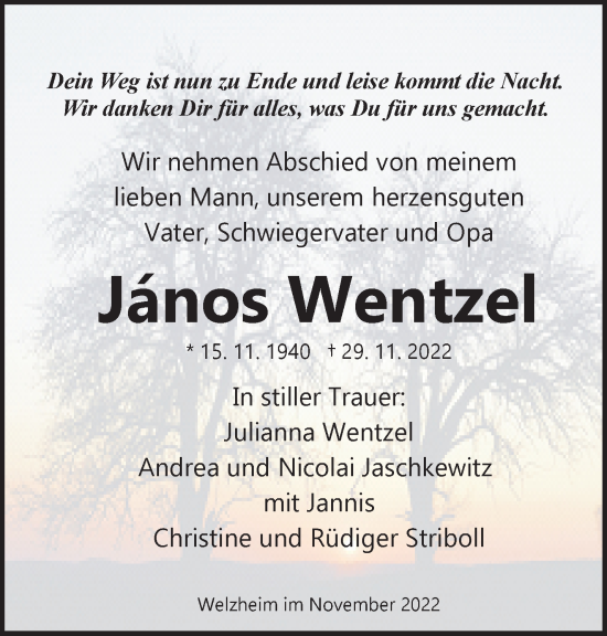 Traueranzeige von Janos Wentzel von Waiblinger Kreiszeitung