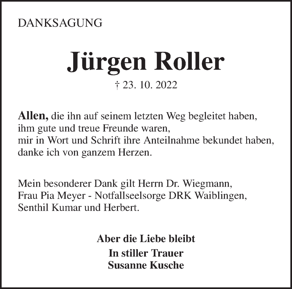 Traueranzeige für Jürgen Roller vom 03.12.2022 aus Waiblinger Kreiszeitung