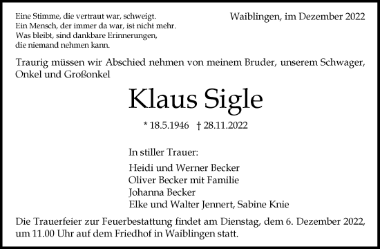 Traueranzeige von Klaus Sigle von Waiblinger Kreiszeitung