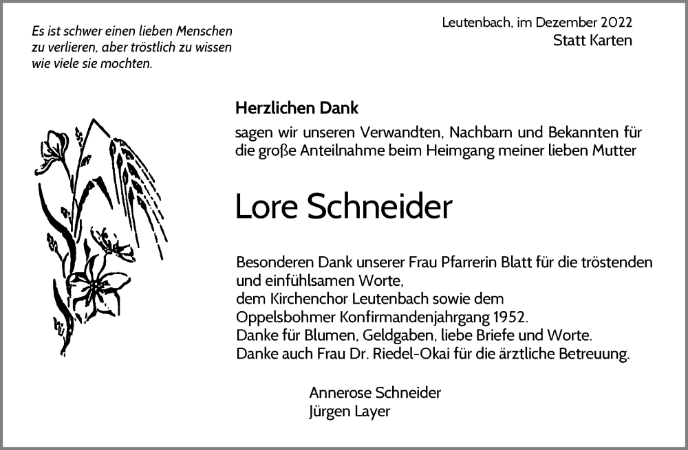  Traueranzeige für Lore Schneider vom 05.12.2022 aus Waiblinger Kreiszeitung