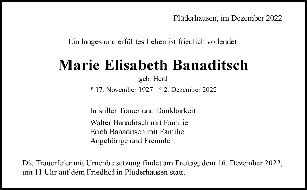  Traueranzeige für Marie Elisabeth Banaditsch vom 12.12.2022 aus Waiblinger Kreiszeitung