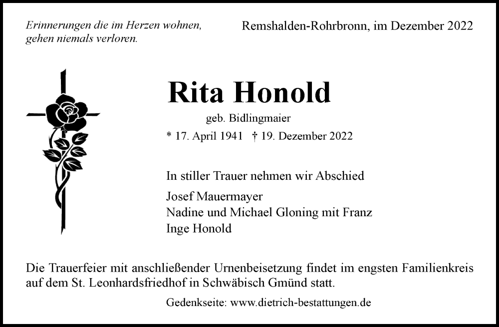  Traueranzeige für Rita Honold vom 22.12.2022 aus Waiblinger Kreiszeitung