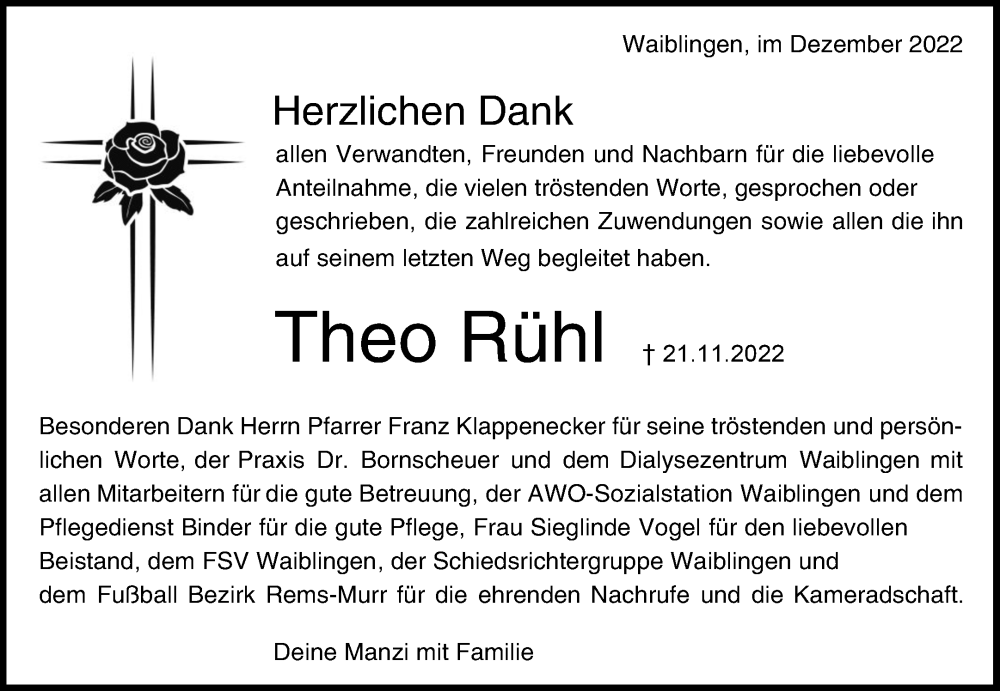  Traueranzeige für Theo Rühl vom 17.12.2022 aus Waiblinger Kreiszeitung