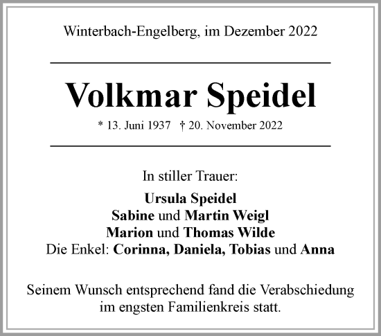 Traueranzeige von Volkmar Speidel von Waiblinger Kreiszeitung