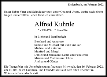 Traueranzeige von Alfred Kuhnle von Waiblinger Kreiszeitung