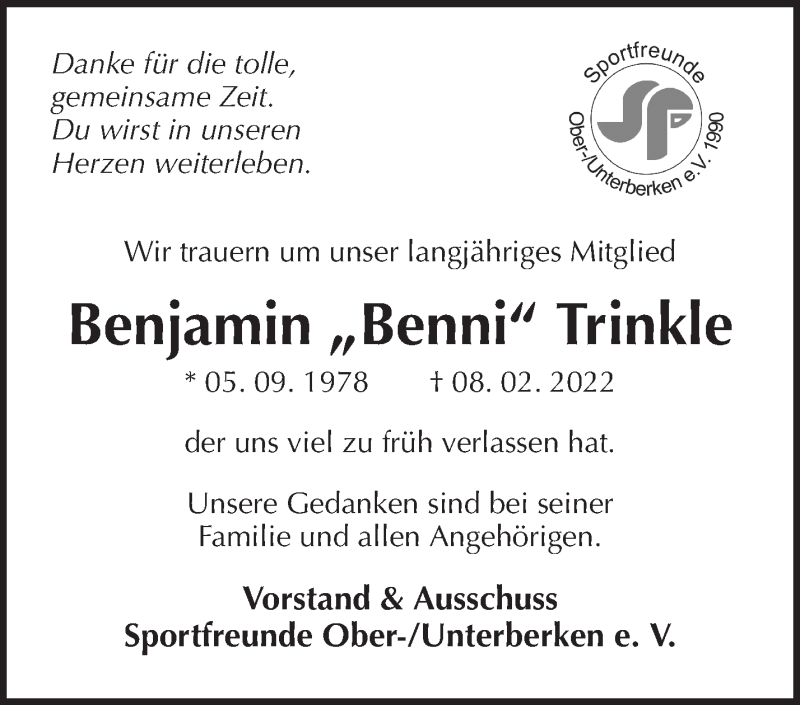  Traueranzeige für Benjamin Trinkle vom 15.02.2022 aus Waiblinger Kreiszeitung