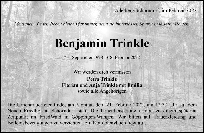  Traueranzeige für Benjamin Trinkle vom 12.02.2022 aus Waiblinger Kreiszeitung