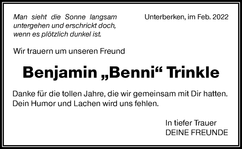  Traueranzeige für Benjamin Trinkle vom 15.02.2022 aus Waiblinger Kreiszeitung