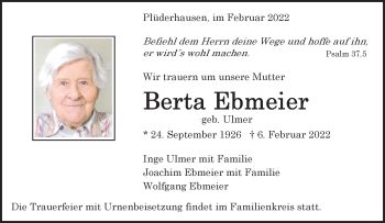 Traueranzeige von Berta Ebmeier von Waiblinger Kreiszeitung