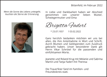 Traueranzeige von Brigitta Faderl von Waiblinger Kreiszeitung