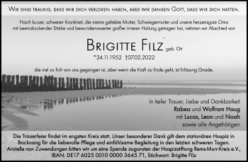 Traueranzeige von Brigitte Filz von Waiblinger Kreiszeitung