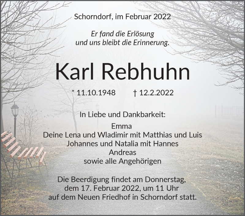  Traueranzeige für Karl Rebhuhn vom 15.02.2022 aus Waiblinger Kreiszeitung