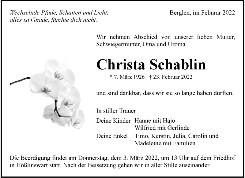  Traueranzeige für Christa Schablin vom 28.02.2022 aus Waiblinger Kreiszeitung