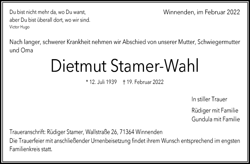  Traueranzeige für Dietmut Stamer-Wahl vom 24.02.2022 aus Waiblinger Kreiszeitung