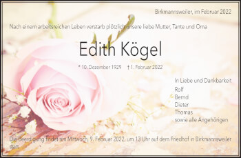 Traueranzeige von Edith Kögel von Waiblinger Kreiszeitung