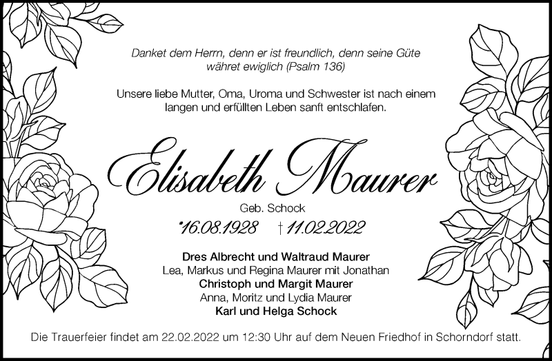  Traueranzeige für Elisabeth Maurer vom 16.02.2022 aus Waiblinger Kreiszeitung