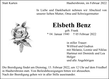 Traueranzeige von Elsbeth Benz von Waiblinger Kreiszeitung