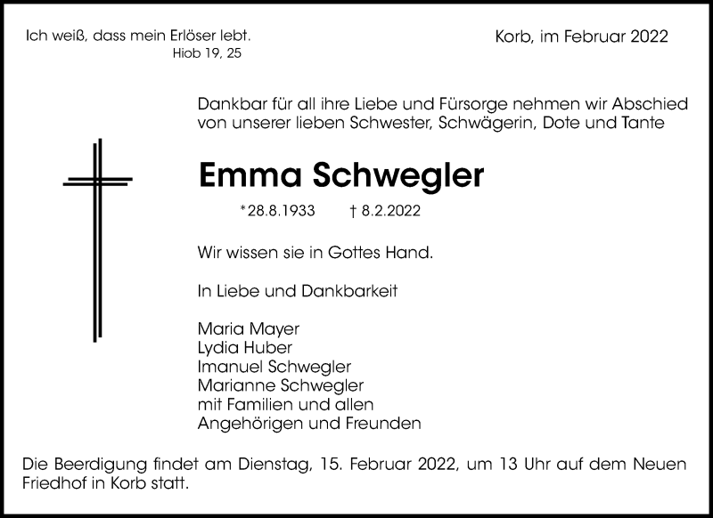  Traueranzeige für Emma Schwegler vom 12.02.2022 aus Waiblinger Kreiszeitung